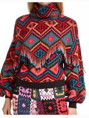 FARM RIO Rauti Turtleneck Sweater, Beaded Tassel Aztec Multi Colored Fringe, XS